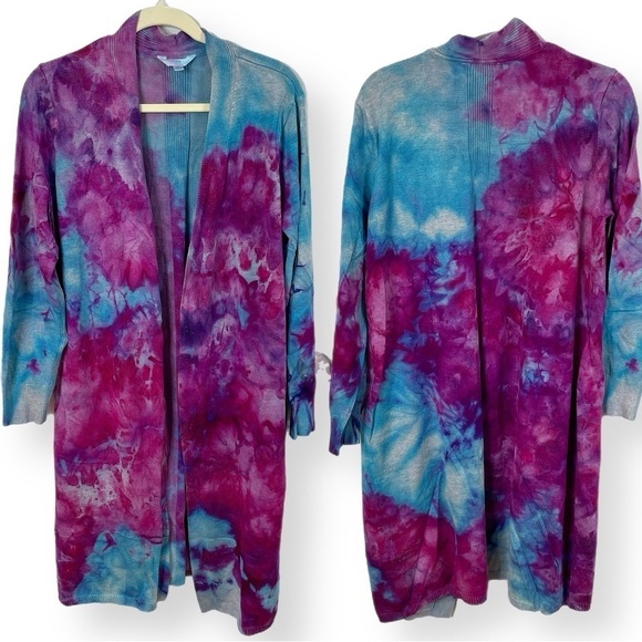 Hand tie dyed duster cardigan topper sweater jacket galaxy purple turquoise XL - Picture 1 of 10